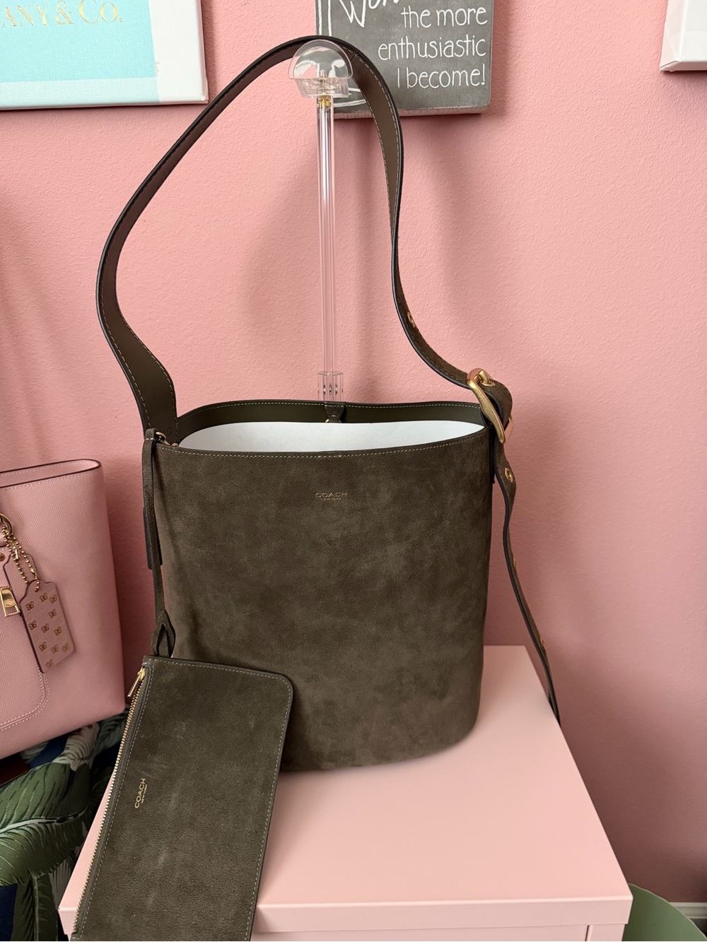 COACH Olive Green Suede Bleeker Bucket Shoulder and Crossbody Bag - Picture 9 of 9